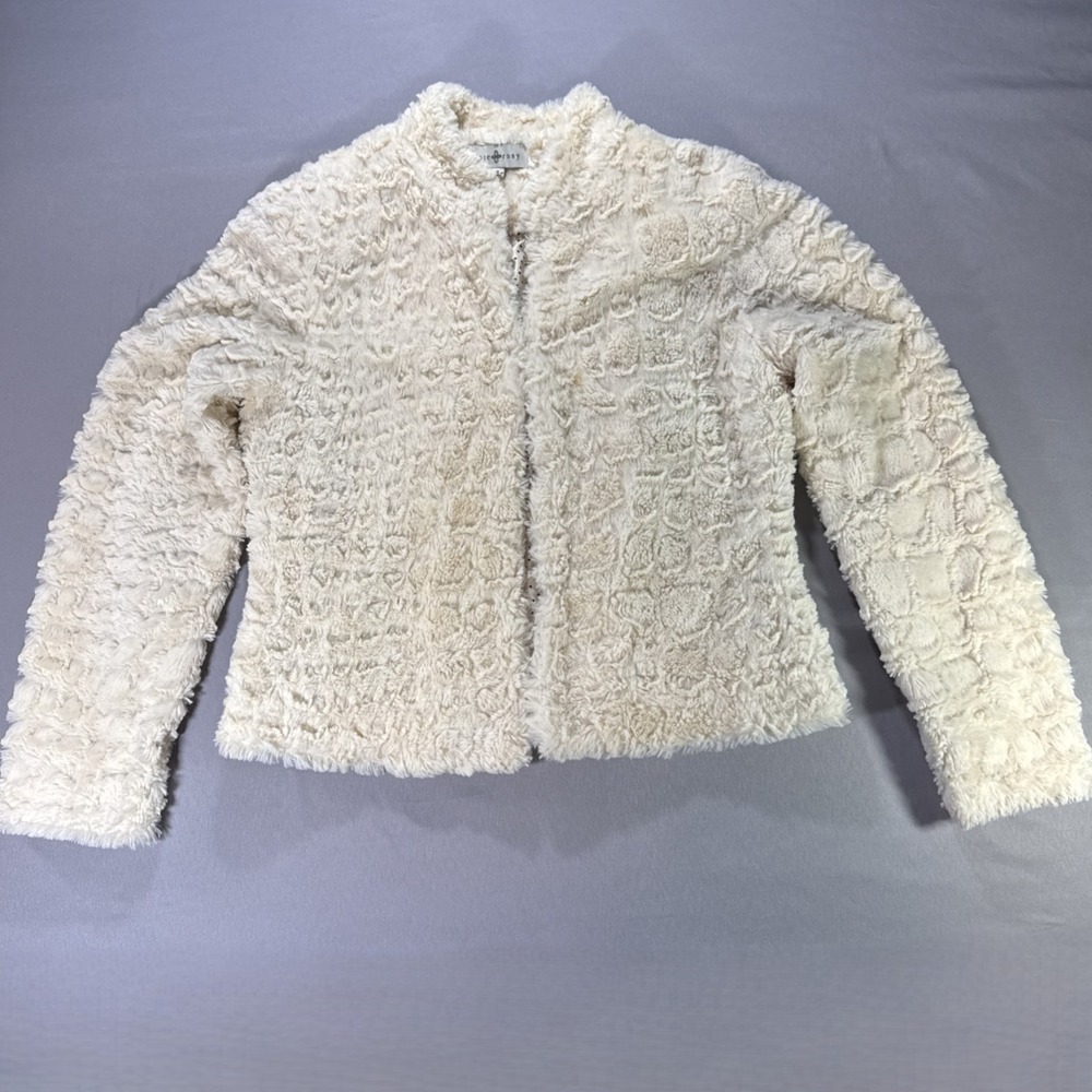 Kate Rosy Faux Fur Jacket Womens Medium Cream Ecru Curly Shag Textured VTG Style